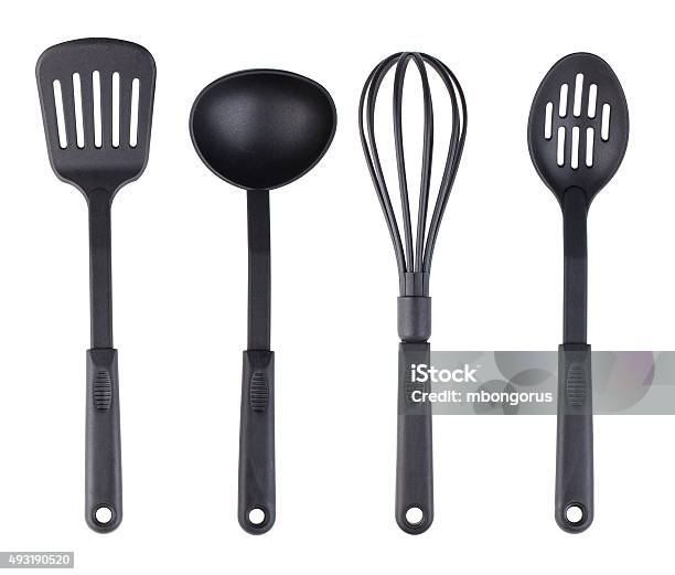 Plastic Black Kitchenware Set Stock Photo - Download Image Now - Kitchen Utensil, Spatula, White Background