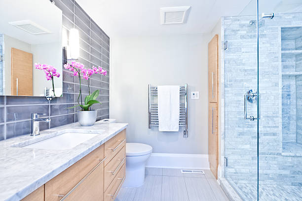 モダンなバスルームのガラス張りのシャワー、大理石のタイル - bathroom shower glass contemporary ストックフォトと画像