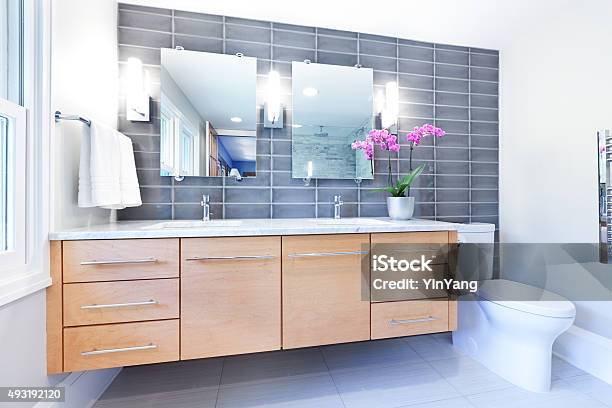 Contemporary Home Bathroom Glass Shower Stall With Marble Tiles Stock Photo - Download Image Now