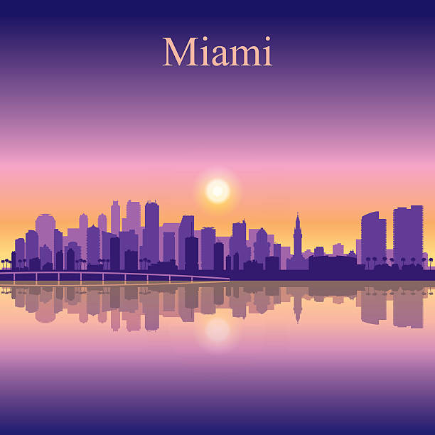 Miami city skyline silhouette background Miami city skyline silhouette background, vector illustration, Full editable EPS 10. File contains gradients and transparency. background of a miami skyline night stock illustrations
