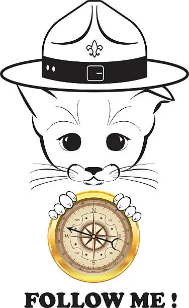 Vector illustration of Boso with golden compass. Follow me.