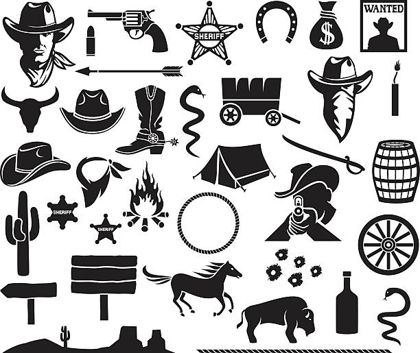 illustrazioni stock, clip art, cartoni animati e icone di tendenza di icone impostare wild west - horseshoe cowboy fire cowboy hat