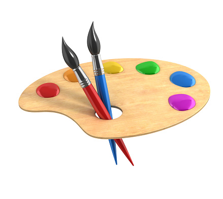 wooden art palette with paints and brushes