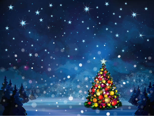 illustrazioni stock, clip art, cartoni animati e icone di tendenza di vettoriale scena invernale con albero di natale. - christmas tree christmas blue night