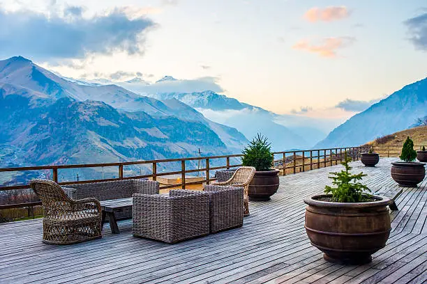 Terrace with beautiful mountain sunset view