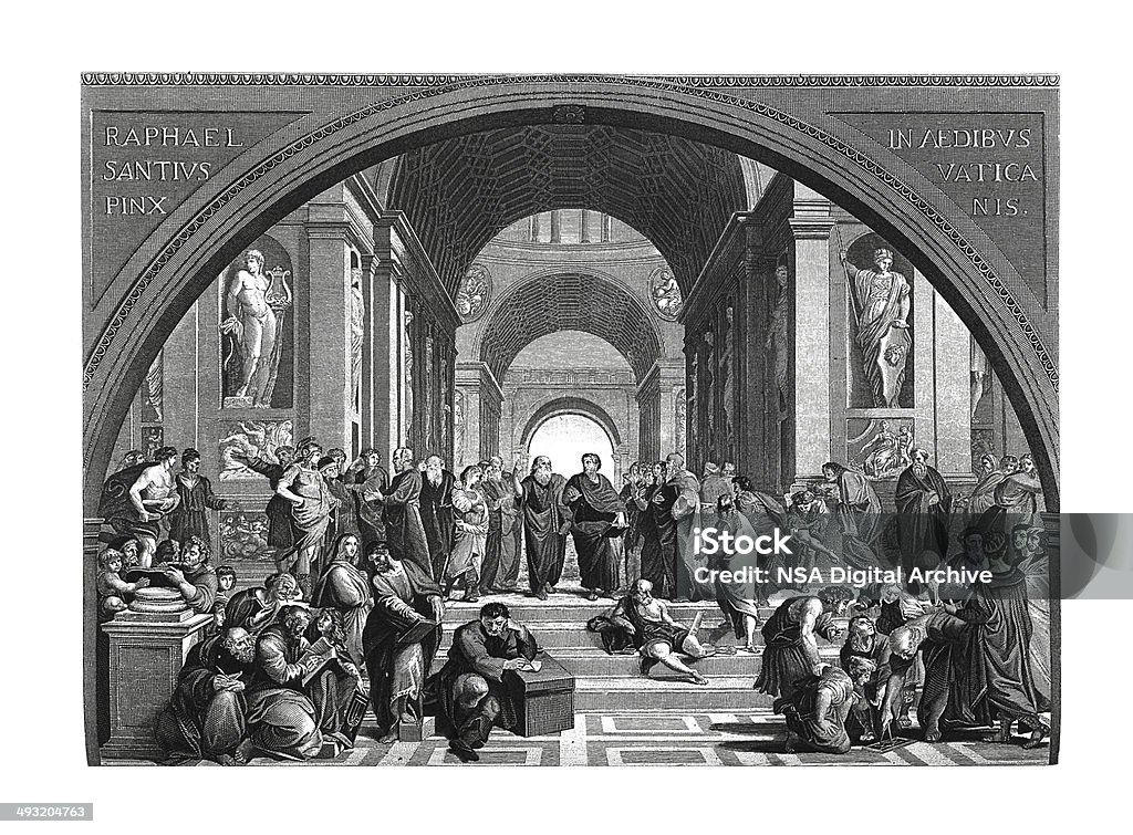 The school of Athens (antique engraving after Raphael's fresco) 19th-century illustration of The school of Athens. Original artwork published in "A pictorial history of the world's great nations: from the earliest dates to the present time" by Charlotte M. Yonge (Selmar Hess, New York, 1882). Philosopher stock illustration