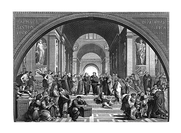 The school of Athens (antique engraving after Raphael's fresco) 19th-century illustration of The school of Athens. Original artwork published in "A pictorial history of the world's great nations: from the earliest dates to the present time" by Charlotte M. Yonge (Selmar Hess, New York, 1882). ancient greece stock illustrations