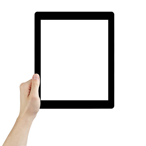 istock adult man hand holding generic tablet pc with white screen 493204875