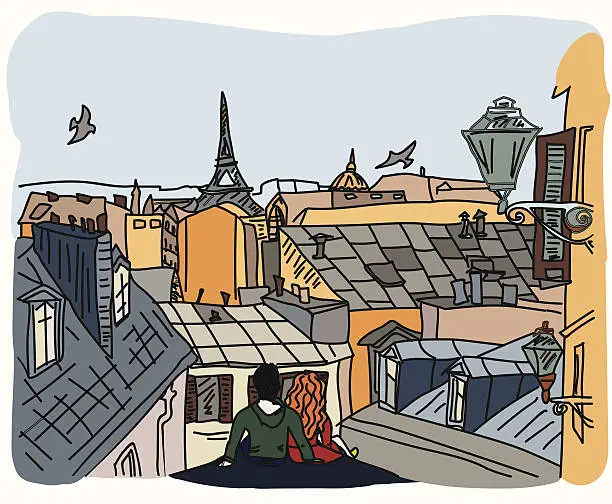 Vector illustration of on a rooftop in Paris