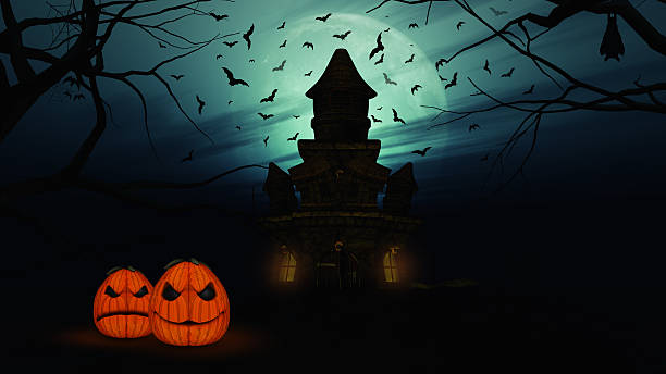 istock 3D Halloween background with spooky castle and pumpkins 493215014