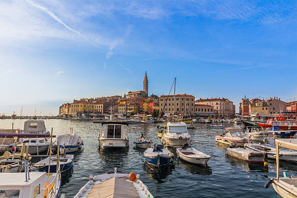 istock Small boats inside crowded harbor, Rovinj, Croatia 493215918