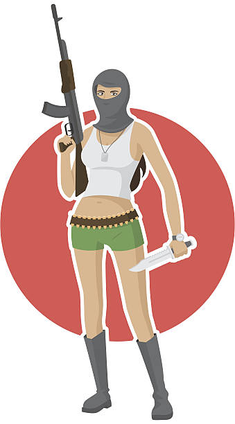 istock Girl in mask holds in hands weapon 493217445
