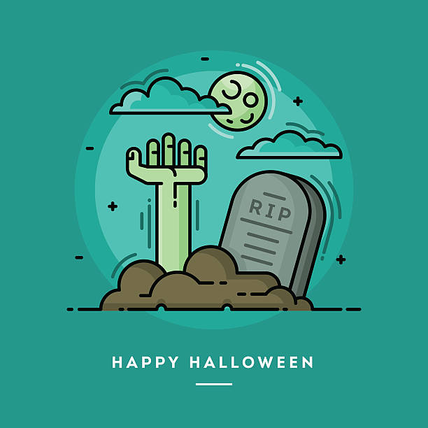 ilustraciones, imágenes clip art, dibujos animados e iconos de stock de zombie en el cementerio de la mano, diseño plano de halloween banners fina - zombie halloween cemetery human hand