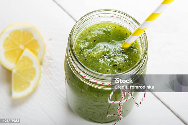 Fresh Organic Green Smoothie With Salad Apple Cucumber Pineap Stock Photo - Download Image Now