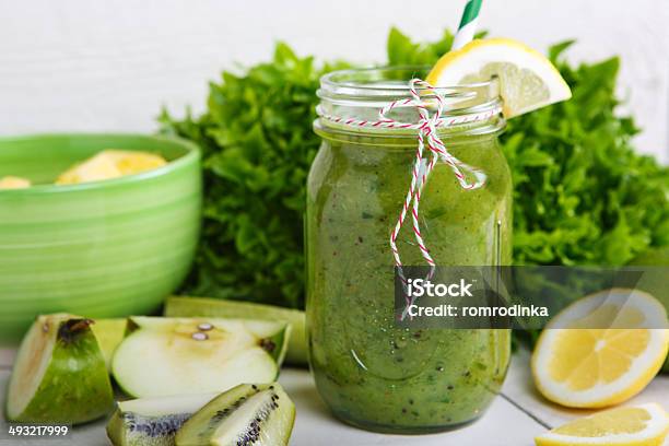 Fresh Organic Green Smoothie With Salad Apple Cucumber Pineap Stock Photo - Download Image Now