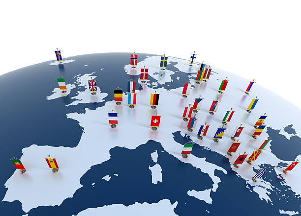 european continent marked with flags - europe stockfoto's en -beelden