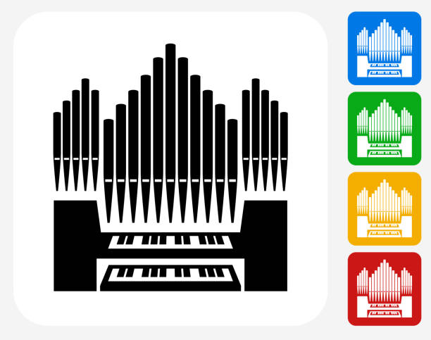 Organ Icon Flat Graphic Design Organ Icon. This 100% royalty free vector illustration features the main icon pictured in black inside a white square. The alternative color options in blue, green, yellow and red are on the right of the icon and are arranged in a vertical column. electric organ stock illustrations