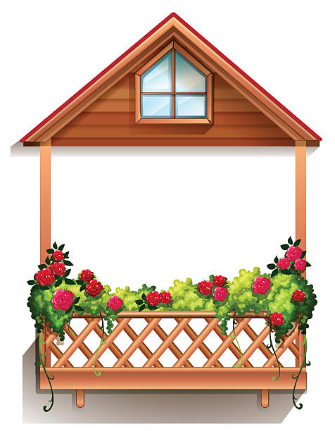 Wooden porch with plants Illustration of a wooden porch with plants on a white background porticus stock illustrations