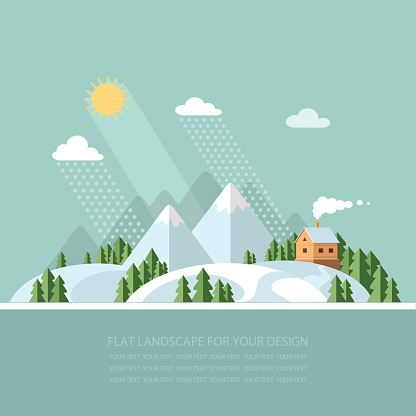 Winter landscape mountains snow-capped hills. flat vector illustration