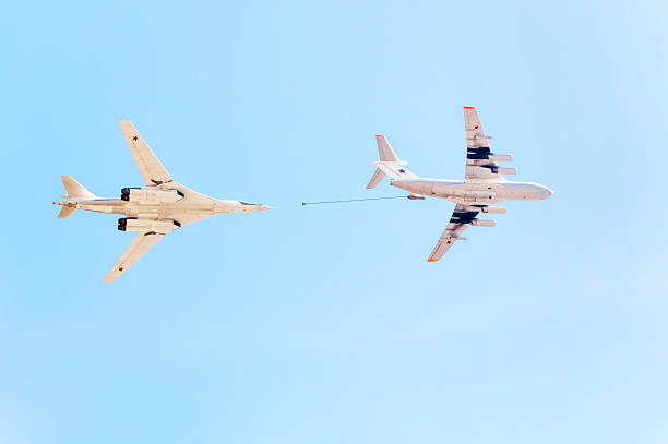 Il-78 aerial tanker and Tu-160 supersonic bomber demonstrate refueling Ilyushin Il-78 (Midas) four-engined aerial refueling tanker and Tupolev Tu-160 (Blackjack) supersonic variable-sweep wing heavy strategic bomber demonstrate refueling against blue sky background. tu160 stock pictures, royalty-free photos & images