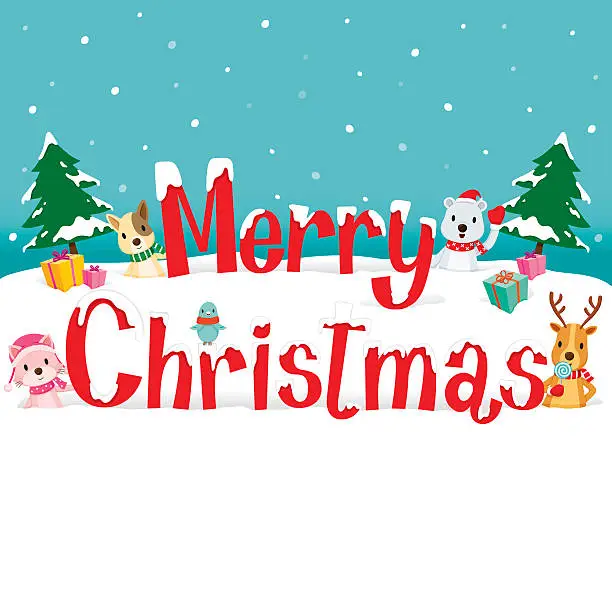 Vector illustration of Animals And Merry Christmas Texts