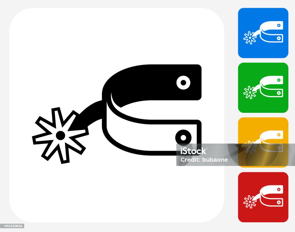 Cowboy Accessory Icon Flat Graphic Design Cowboy Accessory Icon. This 100% royalty free vector illustration features the main icon pictured in black inside a white square. The alternative color options in blue, green, yellow and red are on the right of the icon and are arranged in a vertical column. Spur stock vector