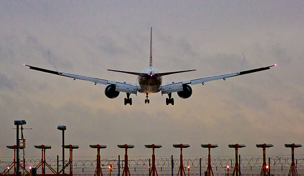 Commercial Aircraft Landing Boeing 737 Landing at Airport over Landing Lights at Dusk Rear View heathrow airport stock pictures, royalty-free photos & images