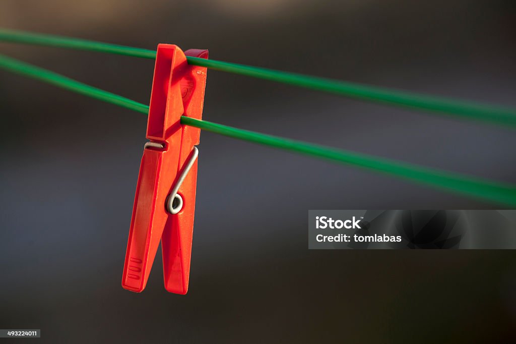 Single red clothes peg. Red plastic clothes peg hanging on green twine. Abstract Stock Photo