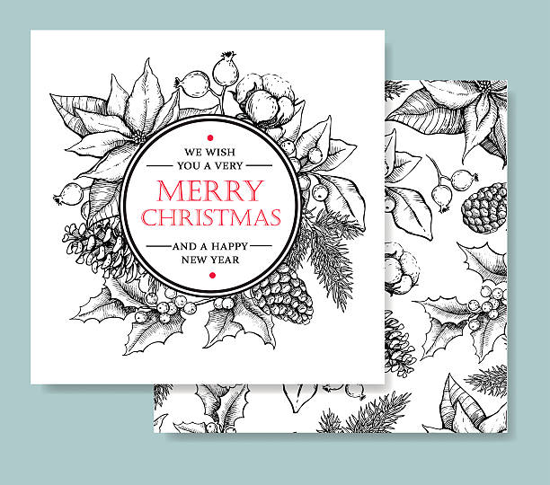 Vector Merry Christmas and Happy New Year hand drawn card Vector Merry Christmas and Happy New Year hand drawn vintage card template. Great for greeting and invitation cards, banners, postcards laurel wreath illustrations stock illustrations