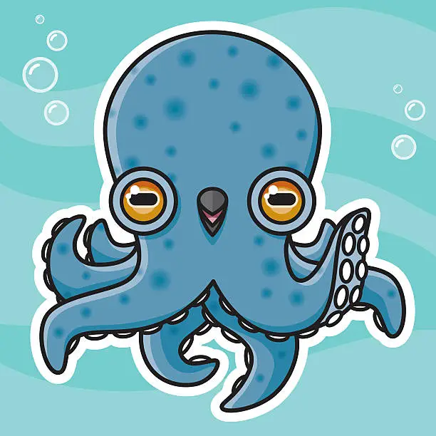 Vector illustration of Adorable Kawaii Octopus Character Blowing Bubbles