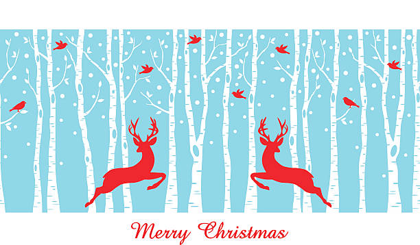 Christmas deers in birch tree forest, vector Reindeers in birch tree forest, seamless vector pattern, Christmas card winter silhouettes stock illustrations