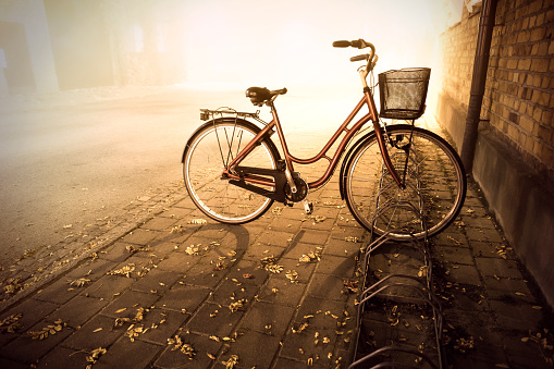 bike parked in bicycle rack in autumn evening