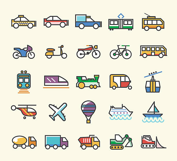 набор 25 минимализм сплошная линия цветные значки транспорта. - silhouette bus symbol motor scooter stock illustrations