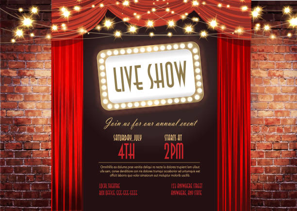 Live show Stage Rustic brick wall, elegant string lights, curtains Vector illustration Live show Stage Rustic brick wall, elegant string lights, curtains background. Poster design or invitation template, easy to edit on separate layers. Includes spot light and strings with sparkling lights on a textured brick wall. Perfect for comedy night, entertainment, stage show, theatrical show, special improv comedy night, wedding invite, event invite. classic curtains stock illustrations
