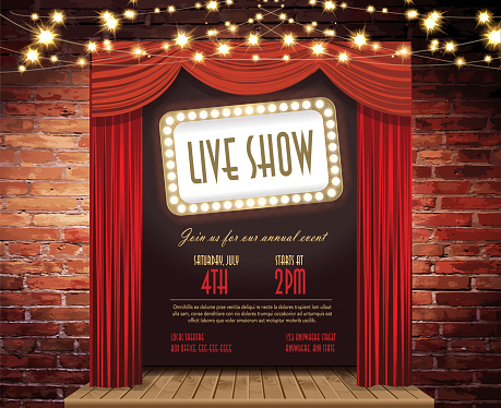 Vector illustration Live show Stage Rustic brick wall, elegant string lights, curtains background. Poster design or invitation template, easy to edit on separate layers. Includes spot light and strings with sparkling lights on a textured brick wall. Perfect for comedy night, entertainment, stage show, theatrical show, special improv comedy night, wedding invite, event invite.