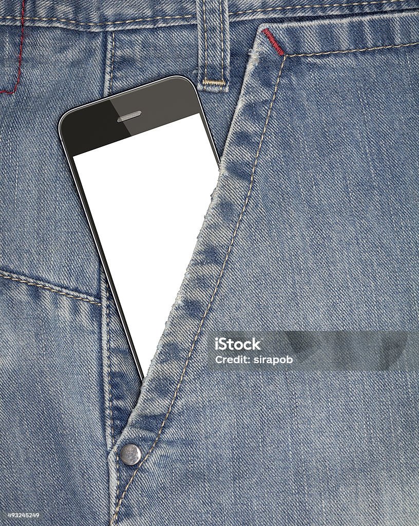 Mobile phone in your  pocket jeans Mobile phone in jeans pocket, put your own text on the screen Blue Stock Photo