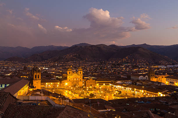 View of Plaza de Armas in Cusco Cusco, Peru - October 08, 2015: Panoramic view of Plaza de Armas in Cusco by sunset cusco province stock pictures, royalty-free photos & images