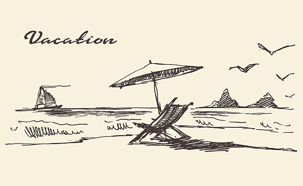 Drawn vacation poster seaside view beach sketch Beautiful hand drawn vacation poster with seaside view and beach vector illustration sketch beach drawings stock illustrations