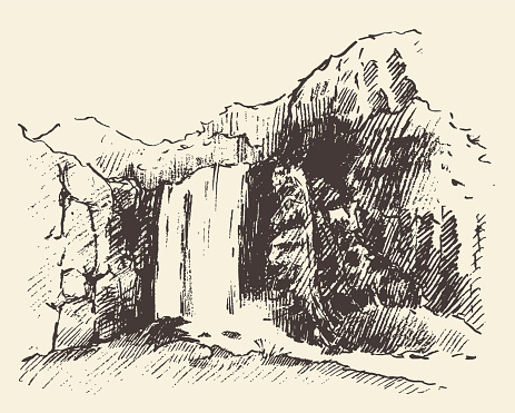 Vintage engraving illustration of beautiful waterfall hand drawn