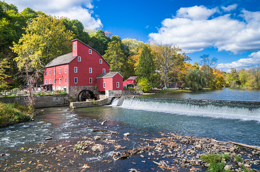 The Red Mill was built in Clinton New Jersey about 1812 to process wool.  Since then it has been used to make talc, graphite, peach baskets and grist.  It was restored in 1960.