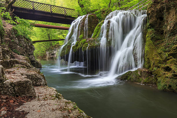 Bigar Cascade Falls in Nera Beusnita Gorges National Park, Romania stock photo