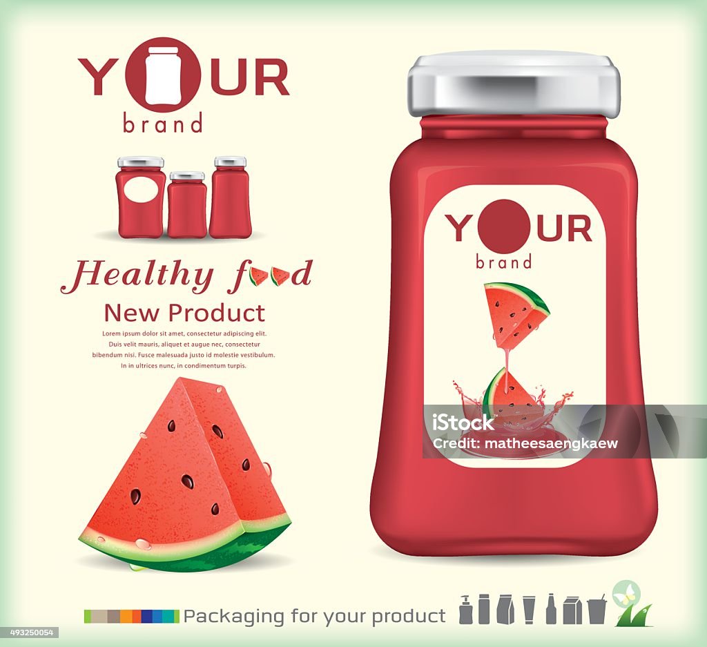 Glass bottle packaging for fruit jam design.watermelon 2015 stock vector