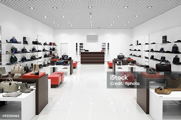 Interior Of Shoe Store In Modern European Mall Stock Photo - Download Image Now - Indoors, Store, Retail