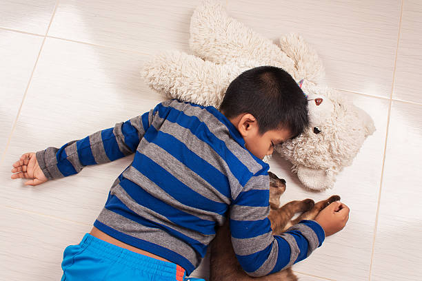 istock cute boy play with brown cat 493251100