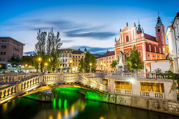 Ljubljana Landmark - Tromostovje in the city center, Slovenia