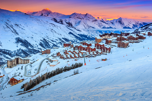 Amazing sunrise and ski resort in the French Alps,Europe