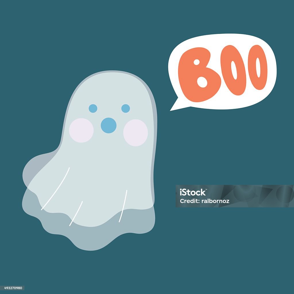 Boo Ghost Cute and friendly little ghost flying at night scaring with Boo speech bubble. Ghost stock vector