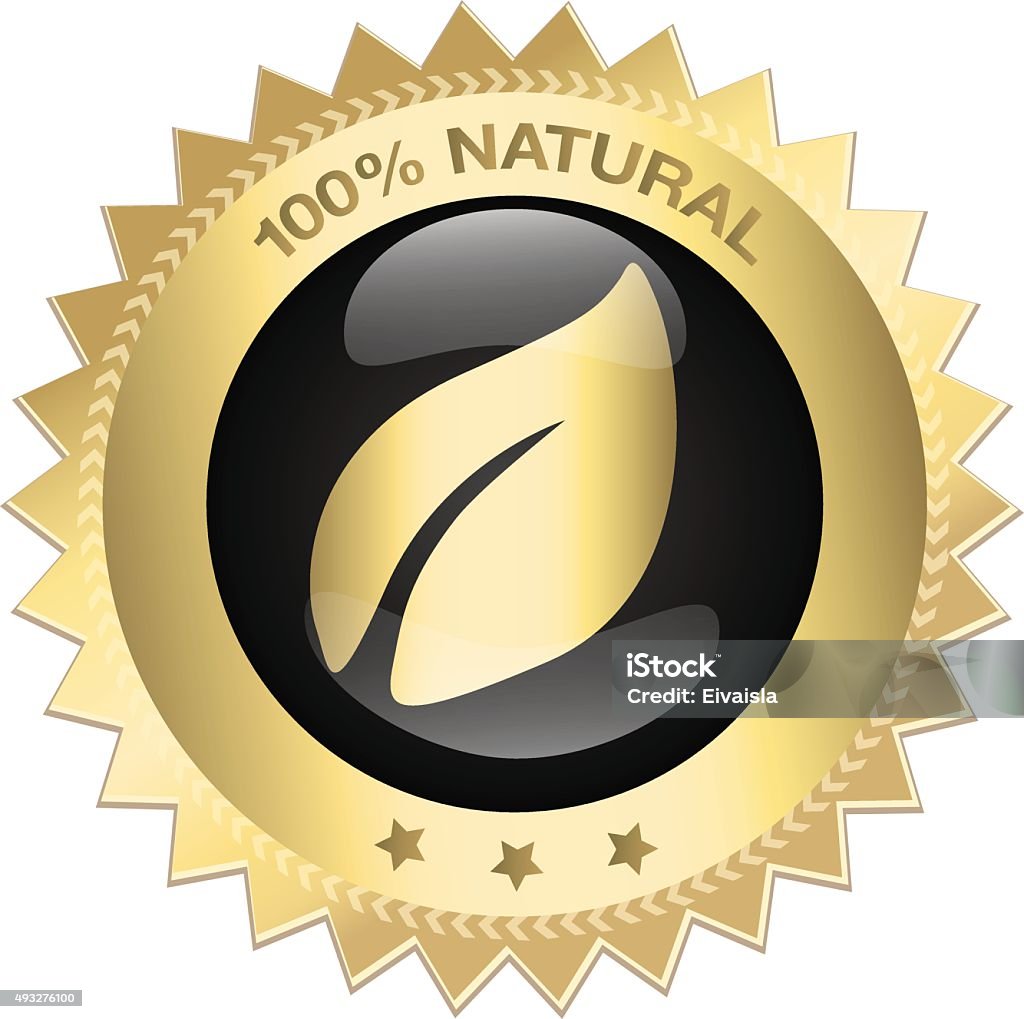 100% natural guaranteed seal 100% natural guaranteed seal or icon with leaf symbol. Glossy golden seal or button with stars. 100 Percent stock vector