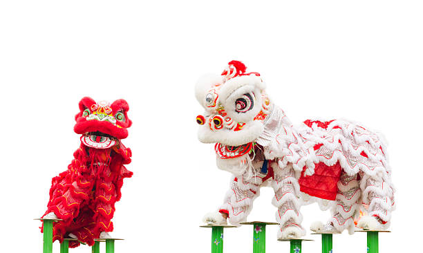 Chinese lion costume dance stock photo