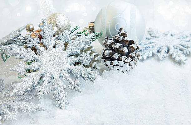 istock Festive Silver Christmas Snowflakes Ornaments and Snow 493278376